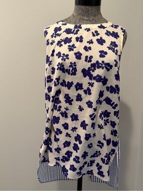 CAbi White Sleeveless Blouse with Blue Floral & Stripe top